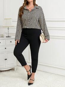 SHEIN Clasi Plus Size Black & White Polka Dot Print 2 Pieces Workwear Set, Commuter Style, Autumn/Winter