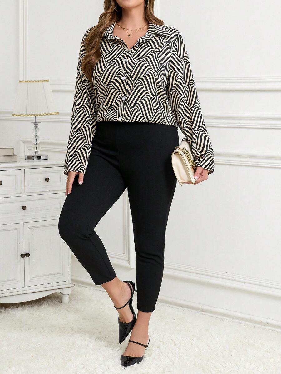 SHEIN Clasi Plus Size Black & White Polka Dot Print 2 Pieces Workwear Set, Commuter Style, Autumn/Winter