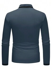 Manfinity Homme 男士纯色撞色拼接前扣长袖口袋休闲 Polo 衫，男士蓝色 Polo 衫，男士休闲衬衫，男士蓝色上衣，男士立领衬衫，秋季 - 霧霾藍 - 查看 2