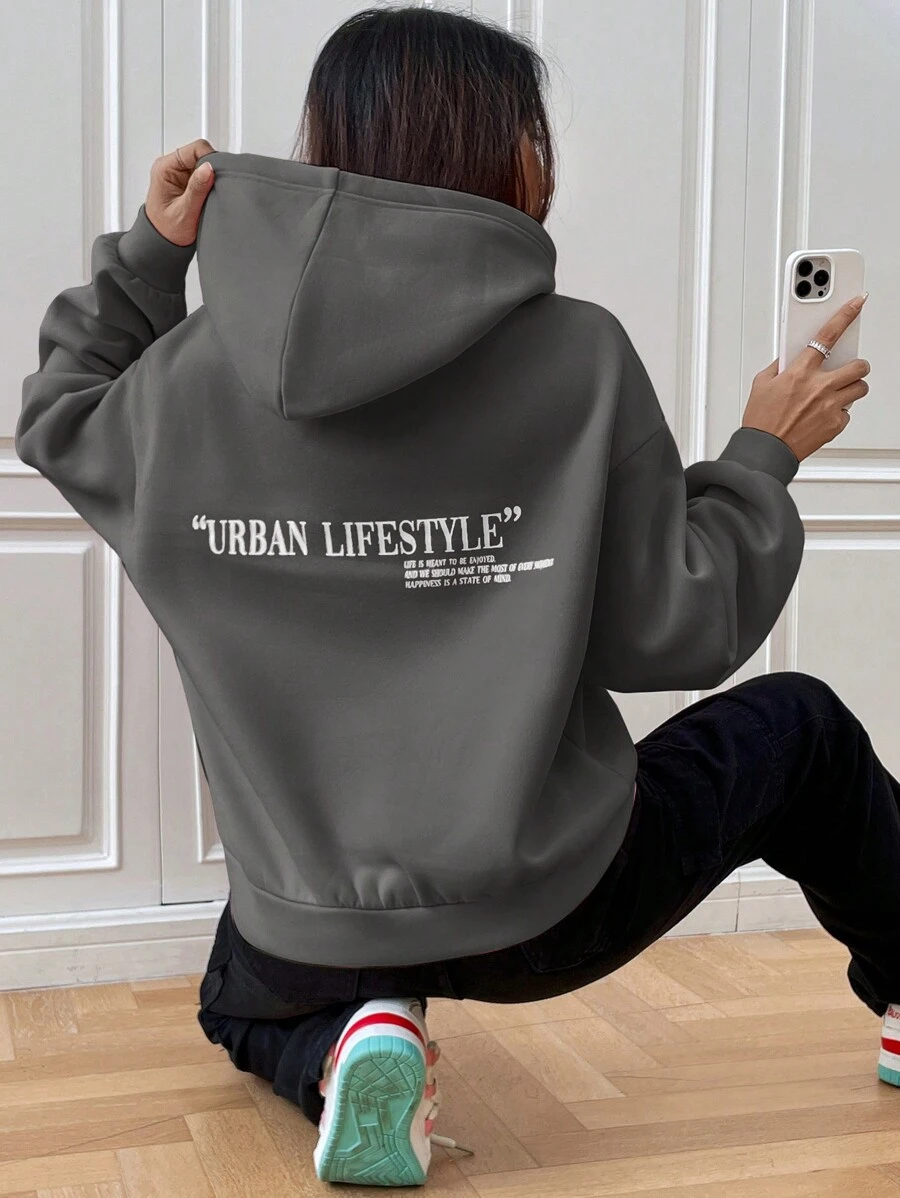 SHEIN EZwear Women's Casual Letter Print Gray Knitted Hoodie Sweatshirt For Autumn,Long Sleeve Tops