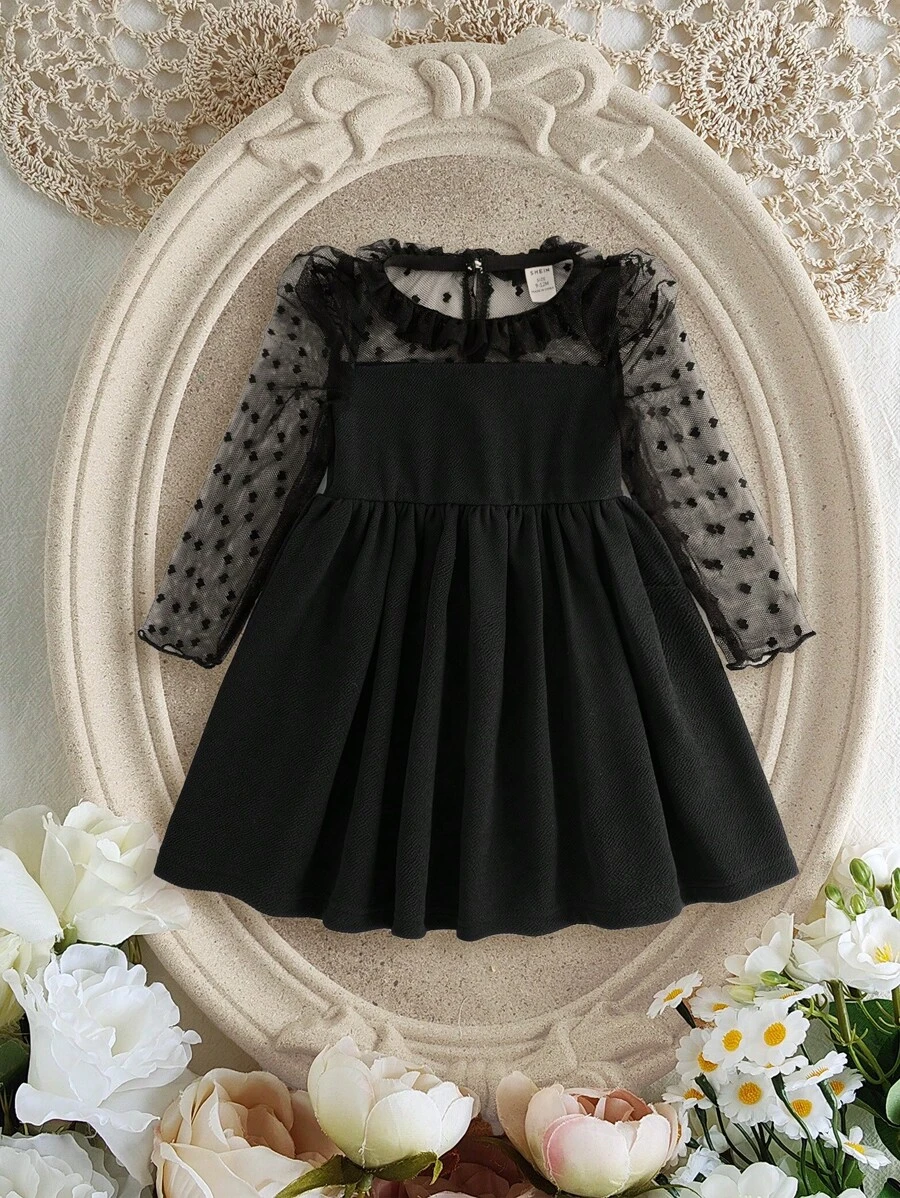 SHEIN 1 件装女婴公主宫廷风格心形网纱长袖立领连衣裙，优雅适合圣诞节、生日 - 黑色 - 查看 1