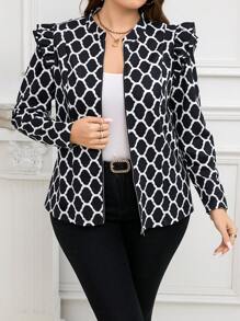 SHEIN Clasi 大码几何图案荷叶边下摆拉链夹克，秋冬 - 黑色 - 查看 10