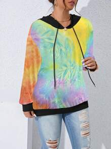 SHEIN LUNE Plus Size Women Tie Dye Printed Colorblock Drop Shoulder Drawstring Sweatshirt, Casual Style For Spring/Autumn Pullover Fall Sweatshirt - Multicolor - View 5
