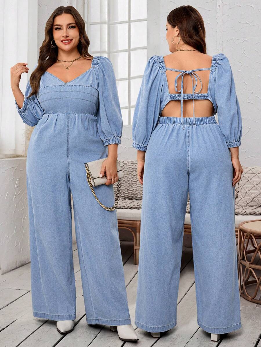 SHEIN LUNE 大码女式甜心领露背打结泡泡袖宽松阔腿牛仔连体裤