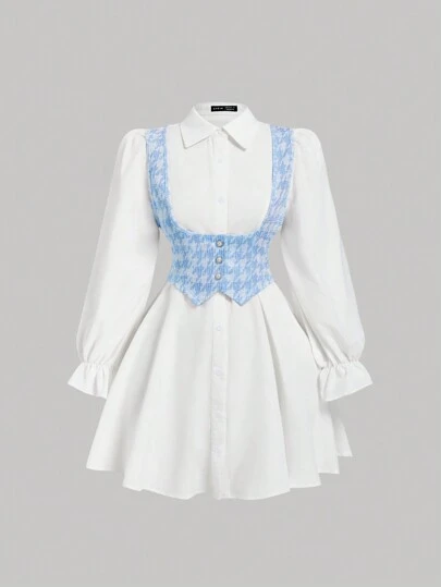 SHEIN MOD 配背心的拼色长袖衬衫裙、学院风、两件套服装、自由打底裙、舞会礼服、教师礼服、办公室服装、返校节礼服、返校礼服、商务休闲女装