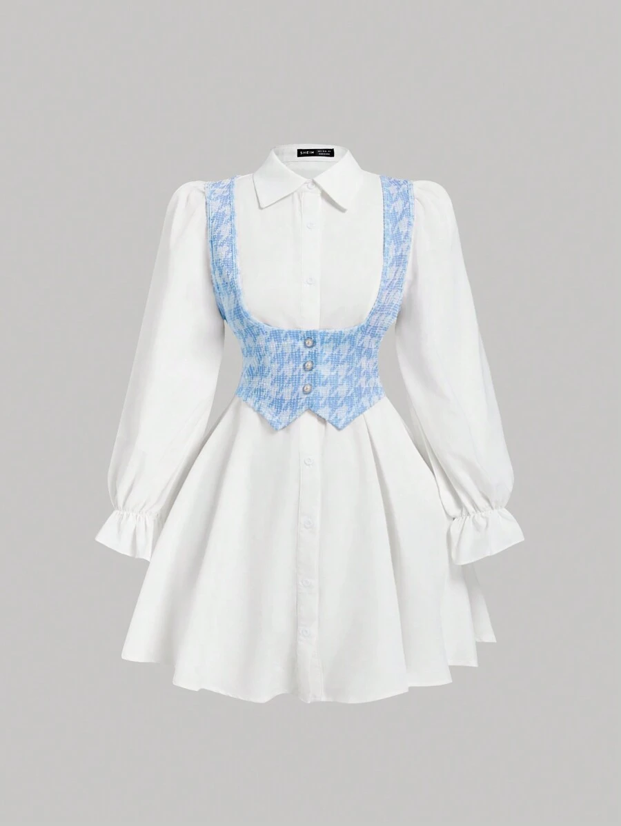 SHEIN MOD 配背心的拼色长袖衬衫裙、学院风、两件套服装、自由打底裙、舞会礼服、教师礼服、办公室服装、返校节礼服、返校礼服、商务休闲女装 - 藍色 - 查看 1