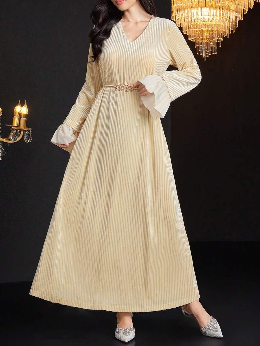 Al Najma 1 Stück Damen langes Ärmel Kleid im arabischen Stil aus Samt, elegantes A-Linien Kleid für den Alltag