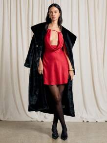 AiiRZ Satin Plunge Cowl Neck Back Tie Mini Dress - Red - View 5