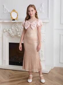 SHEIN 儿童正式花童礼服，轻便奢华专属高端钢琴演奏表演服装，适合青少年女孩，适合圣诞节 - 香檳色 - 查看 4