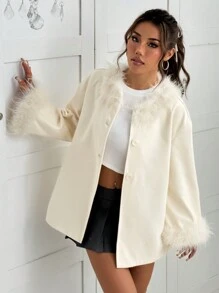 SHEIN EZwear 女士蓬松拼布前扣长袖大衣 - 米色 - 查看 6