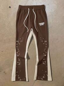 Manfinity EMRG 男士休闲街头风格字母印花撞色抽绳腰部宽松直筒运动裤，狂野风 - 咖啡棕 - 查看 3