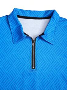 Manfinity Homme Men's Digital Print Zip Up Long Sleeve Polo Shirt,Blue Polo Shirt - Blue - View 4