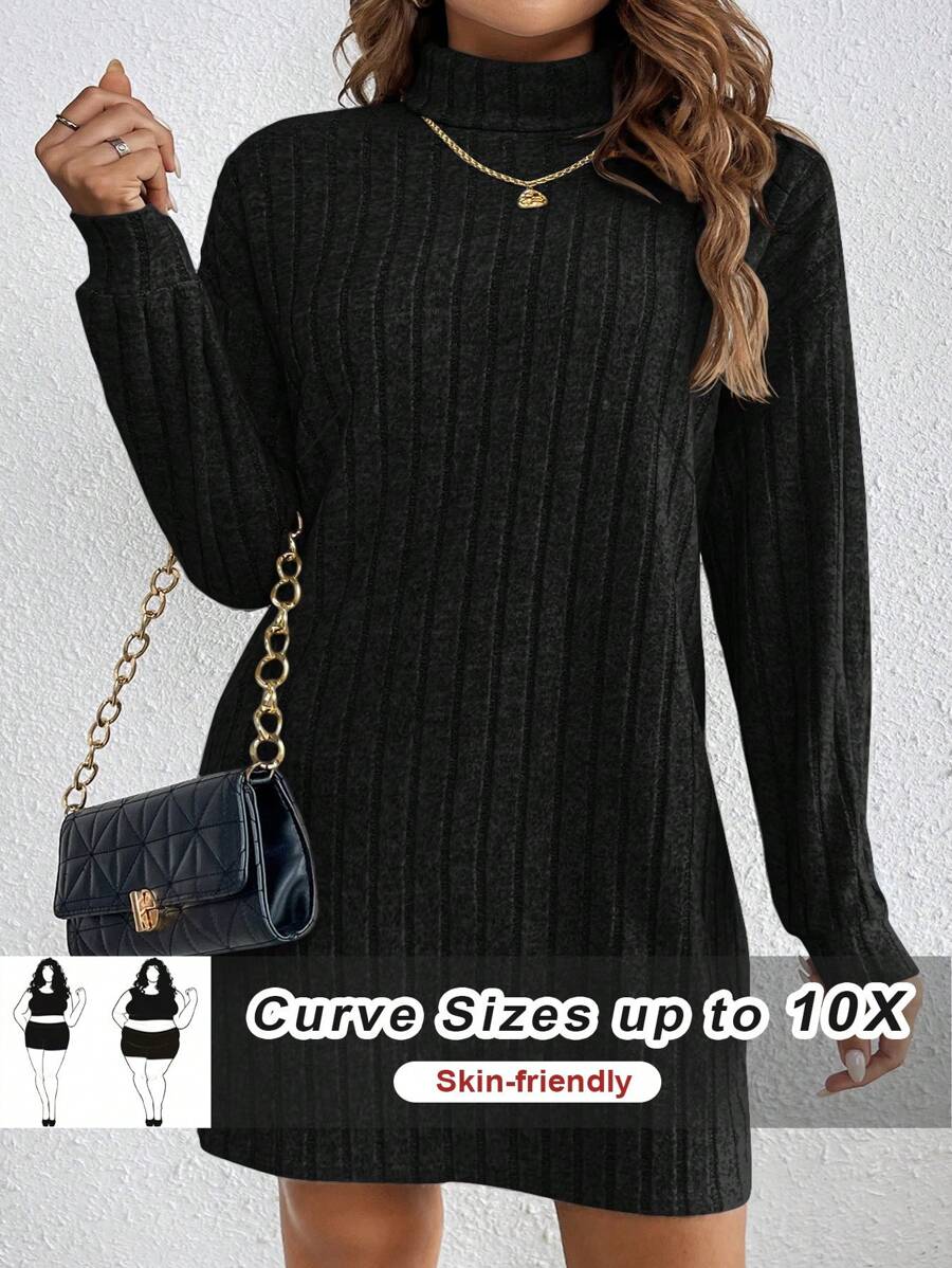 SHEIN CURVE+ 大码黑色高领落肩紧身长袖连衣裙