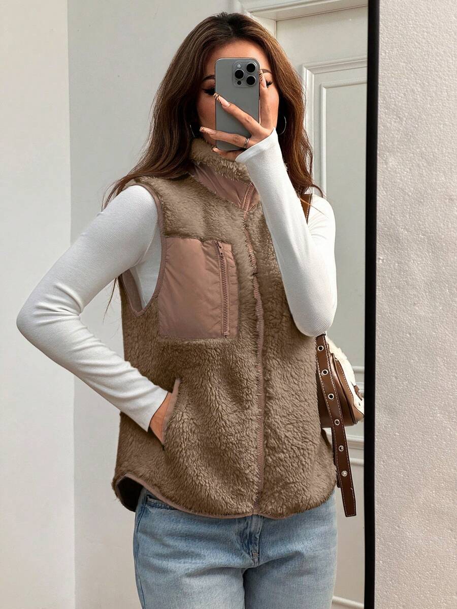 SHEIN EZwear 女士撞色立领休闲仿羊毛背心,冬季 - 卡其色 - 查看 1