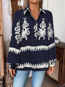 SHEIN LUNE Áo cánh tay đèn lồng in họa tiết cổ điển thường ngày cho nữ, mùa thu - Màu xanh hải quân - Xem 7