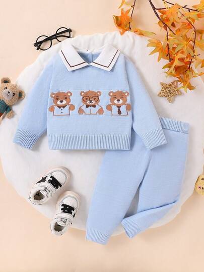 SHEIN Playful Pals Baby Boy Söt Cartoon Bear Stickad tröja och byxor 2st set, mode och mångsidig, lämplig för höst/vinter