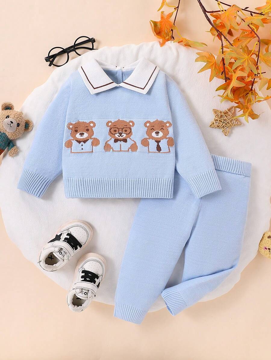 SHEIN Playful Pals Baby Boy Cute Cartoon Bear Knitted Sweater And Pants 2pcs Set, Fashion And Versatile, Suitable For Autumn/Winter
