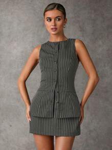 SHEIN BAE 纯色前扣背心西装外套和裙装套装 夏季商务女装 性感办公室女装两件套 老钱风格教师装 撞色黑白条纹女装两件套 - 深灰色 - 查看 2