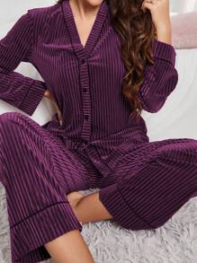 Women Plush Velvet Top And Pants Pajama Set , Fall Winter Clothes - Purple - View 5
