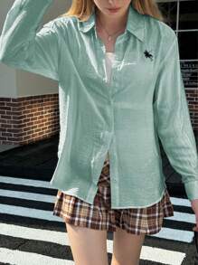 INAWLY Blusa holgada de mujer casual con bordados y hombros caídos - Verde - Ver 5