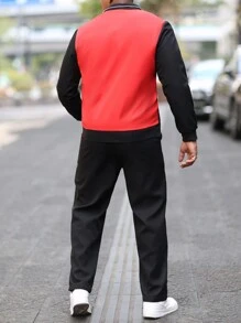 Manfinity Homme 2pcs Men's Color Block Patchwork Front Zip Long Sleeve Letter Print Minimalist Jacket & Pants, Men Tracksuit, Men Two Pieces Outfits, Men Clothes - Multicolor - View 2