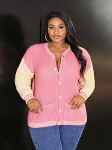 Slaydiva Chaqueta con botones de punto con bloques de color y ribetes a rayas para el otoño/invierno, de uso diario informal, con bolsillos dobles, talla grande