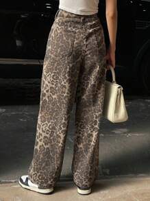 DAZY 女士豹纹宽松阔腿长牛仔裤