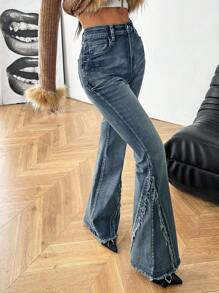 SHEIN EZwear Quần Jeans Rách Rụa Loe Co Giãn Hippie Mùa Đông Cho Nữ - Rửa trung bình - Xem 5