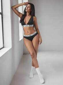 EasyFave Conjunto de lencería impresa simple para mujer