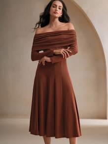 Anewsta Vestido largo de manga larga con hombros descubiertos, cintura ceñida y falda en línea A, atuendo formal de mujer para ocasiones maxi