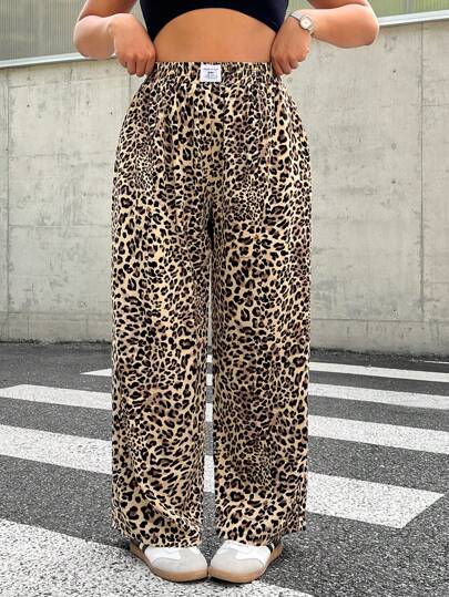SHEIN EZwear Pantalones holgados de pierna ancha con estampado de leopardo, de tela tejida, cintura alta y bolsillos, para mujer de talla grande, versátiles para ir al trabajo y uso diario