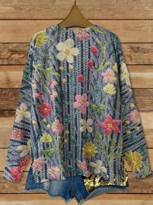 Suéter de punto casual de cuello redondo de manga larga con estampado floral para mujer de talla grande, para otoño/invierno