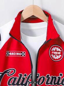 SHEIN 青少年男孩摩托车风格时尚长袖夹克 - 紅白色 - 查看 3