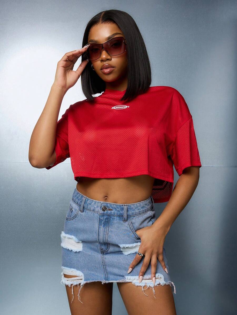 SUMWON WOMEN 破洞毛边迷你牛仔半身裙 - 藍色 - 查看 1