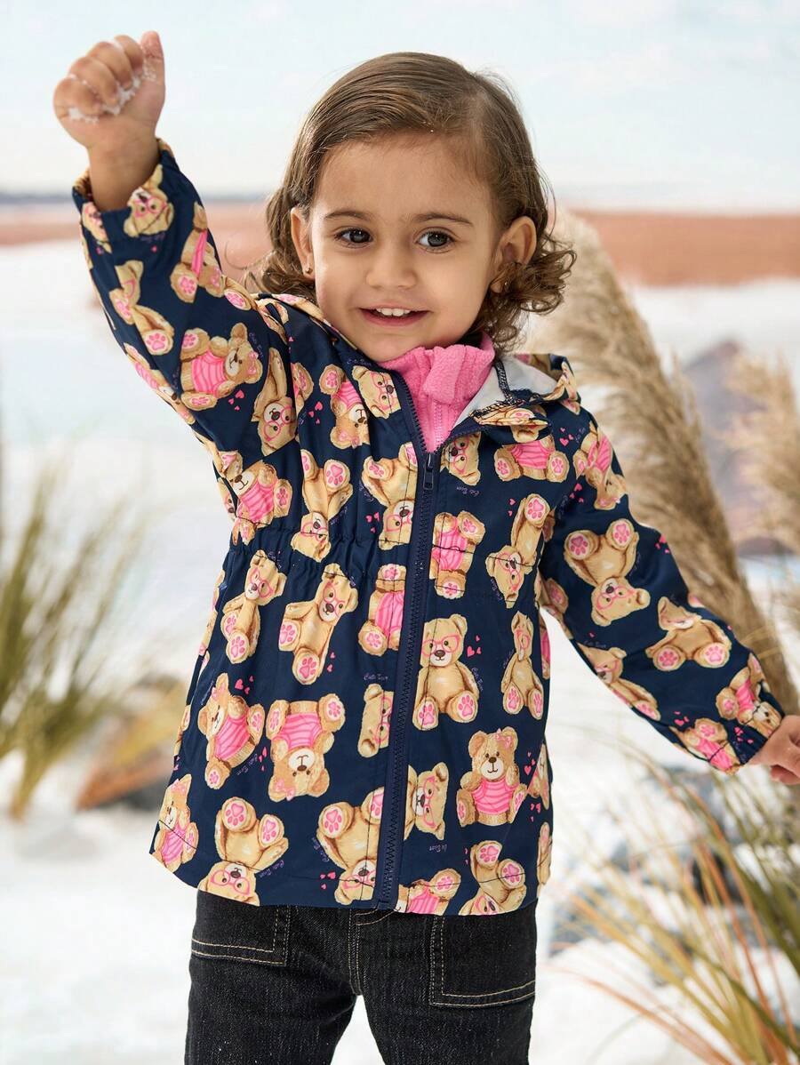 2st Baby Girls Söt Bear Huva Windbreaker och enfärgad Fleecejacka Set - Multifärgad - Visa 1