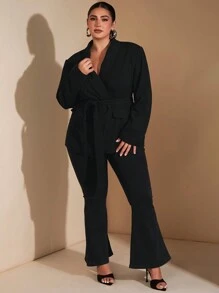 SHEIN BAE Chaqueta de traje de manga larga con cintura anudada, elegante y de talla grande, para otoño e invierno, Navidad, Acción de Gracias, fiestas, blazers de mujer de talla grande, estilo casual de negocios, traje, vestimenta formal, abrigo de piel, traje de trabajo, elegante, blazer curvo largo, blazer de frente abierto