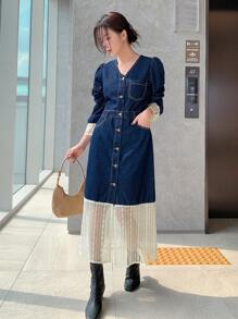 DAZY Women Lace Patchwork Front Button Long Sleeve Casual Denim Dress, Everyday Wear,Fall Clothes