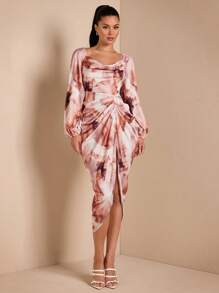 SHEIN BAE 女士优雅性感派对/约会连衣裙，垂坠领口，不对称下摆开衩，长袖，扎染色块印花缎面中长连衣裙，适合万圣节派对、秋冬季 - 彩色 - 查看 3