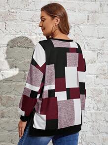 EMERY ROSE Plus Size Women Casual Patchwork Print Drop Shoulder Loose Sweatshirt, Spring/Autumn - Burgundy - View 2