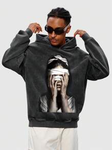 ROMWE MEN Street Life Sudadera con capucha de manga larga con estampado de figura para hombres