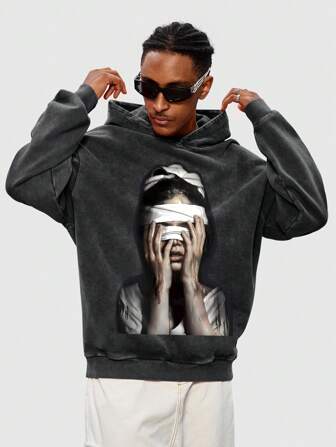 Street Life Sudadera con capucha de manga larga con estampado de figura para hombres