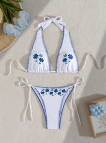 Women Blue Floral Trim Solid Color Sexy Wide Strap Top & Thong Bikini Sets Summer - Multicolor - View 8