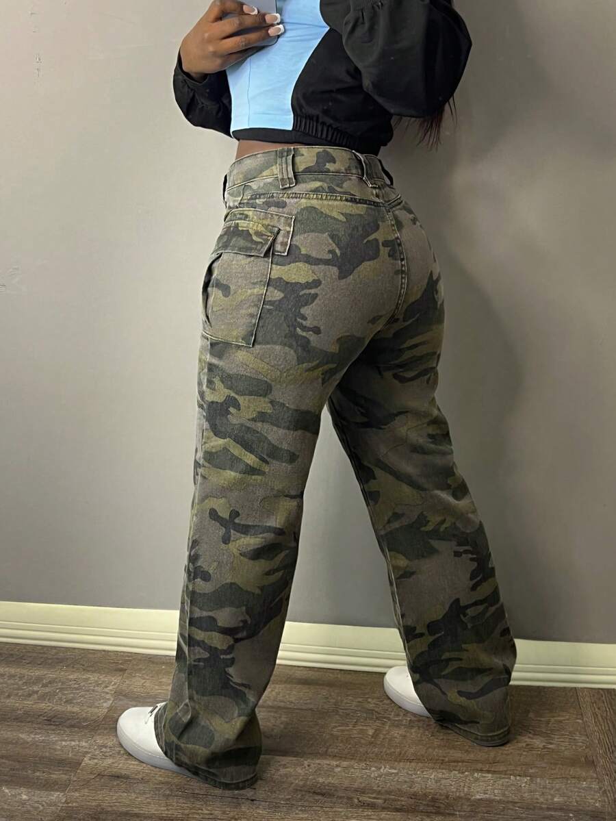 Quần Jeans Ống Đứng Cho Nữ Họa Tiết Camouflage Đường Phố Mỹ 2024 - xanh quân đội - Xem 1