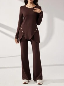 Graceveil 2pcs Women Sets: 1 Solid Color Button Decor Elegant Long Sleeve Top And 1 Flare Pants, Suitable For Autumn 2 Piece Set Modest - Coffee Brown - View 7