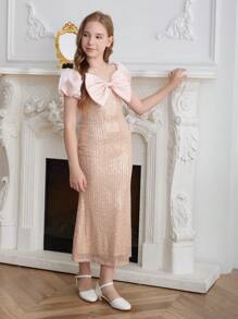 SHEIN 儿童正式花童礼服，轻便奢华专属高端钢琴演奏表演服装，适合青少年女孩，适合圣诞节 - 香檳色 - 查看 3