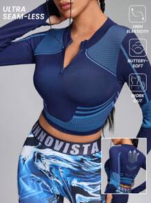 Innovista 女士紧身无缝3D立体线条动态纹理高弹运动卫衣，秋季卫衣，瑜伽健身服，外出上衣，运动上衣，长袖卫衣，秋季女装，户外，滑雪卫衣，秋冬女装，Core Motion秋季新款女式实用时尚，秋冬运动服，条纹设计 - 藍色 - 查看 4