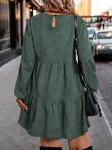 SHEIN Clasi Plus Size Solid Color Fall Long Lantern Sleeve Ruffle Hem Casual Dress, Spring/Autumn - Green - View 2