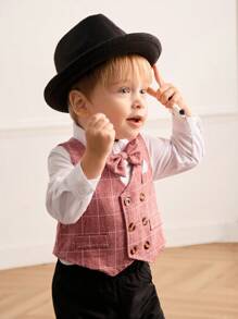 SHEIN 3 pièces/Set Gilet à carreaux pour bébé garçon, chemise à manches longues blanche, ensemble de pantalon noir avec nœud papillon, tenue de gentleman pour les occasions de printemps/automne comme les fêtes, les mariages, le port quotidien et les séances photo - Multicolore - Voir 6