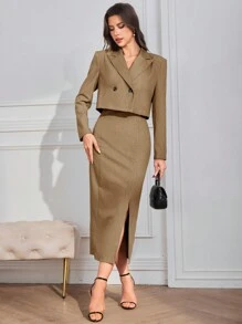 Modelyn Bộ vest xám cho nữ, Mùa thu, Trang phục công sở, Trang phục thường ngày thanh lịch Áo khoác blazer ngắn & Váy hai dây, Bộ trang phục công sở thường ngày cho công việc/công sở/trường học/Trang phục thường ngày thường ngày/buổi tối hoặc bất kỳ dịp trang trọng nào khác Bộ 2 món - Lạc đà - Xem 5