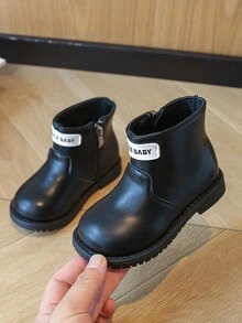 1 双黑色侧拉链时尚女童靴，舒适百搭户外儿童鞋 - 黑色 - 查看 2
